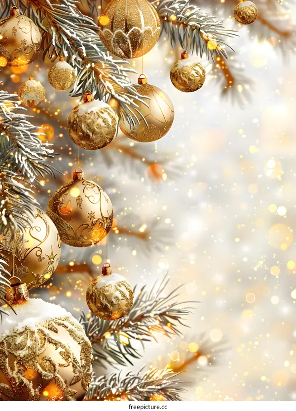 Christmas ornaments hanging on a snow-covered fir tree