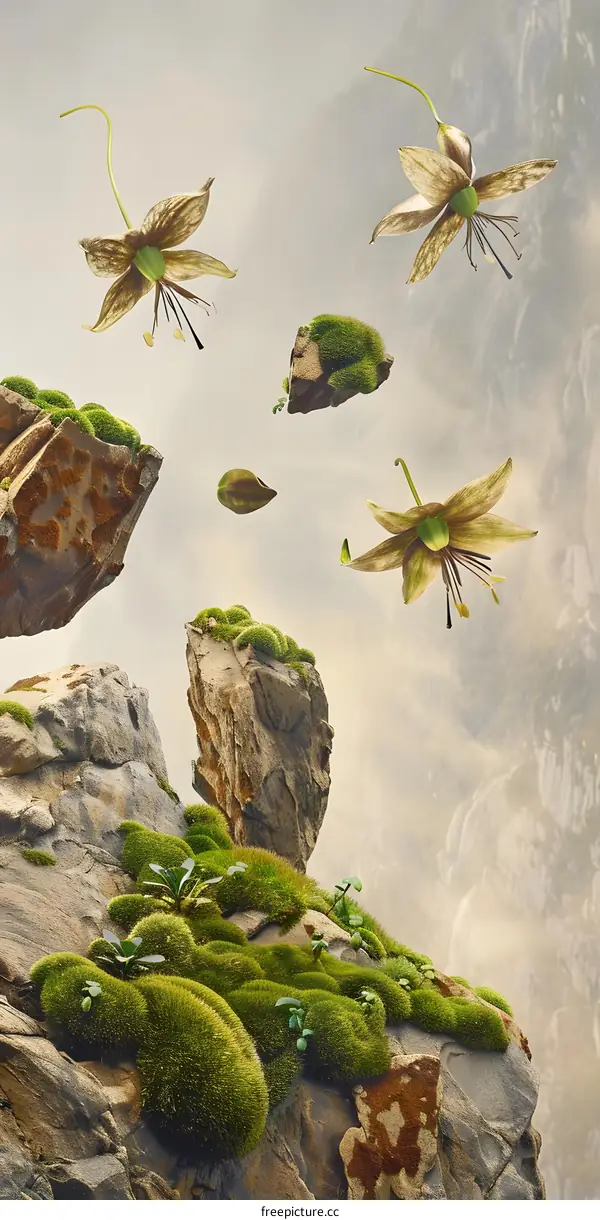 Floating Rocks with Flowers and Moss