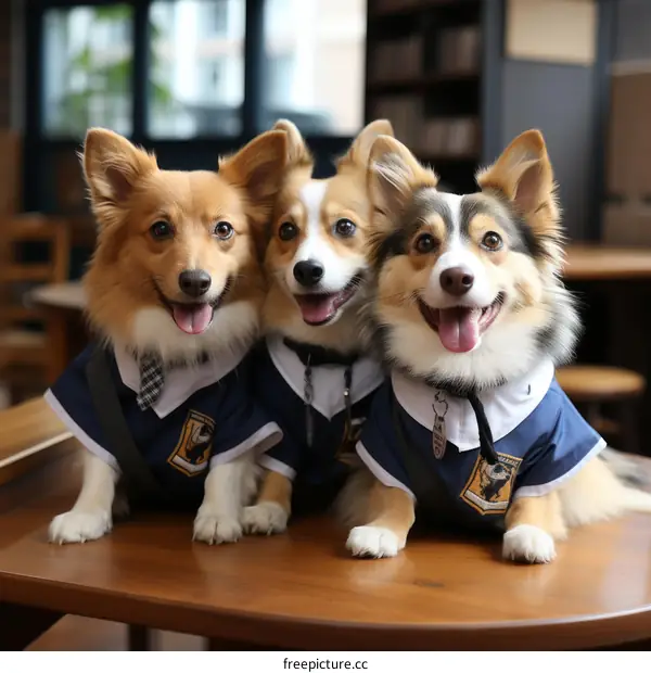 Three Corgi Puppies Dressed in School Uniforms