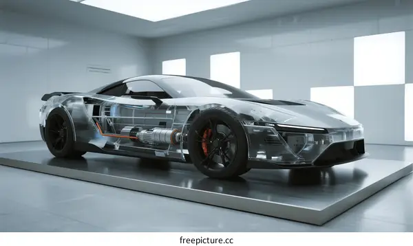 Transparent Sports Car with Exposed Engine in Modern Lab