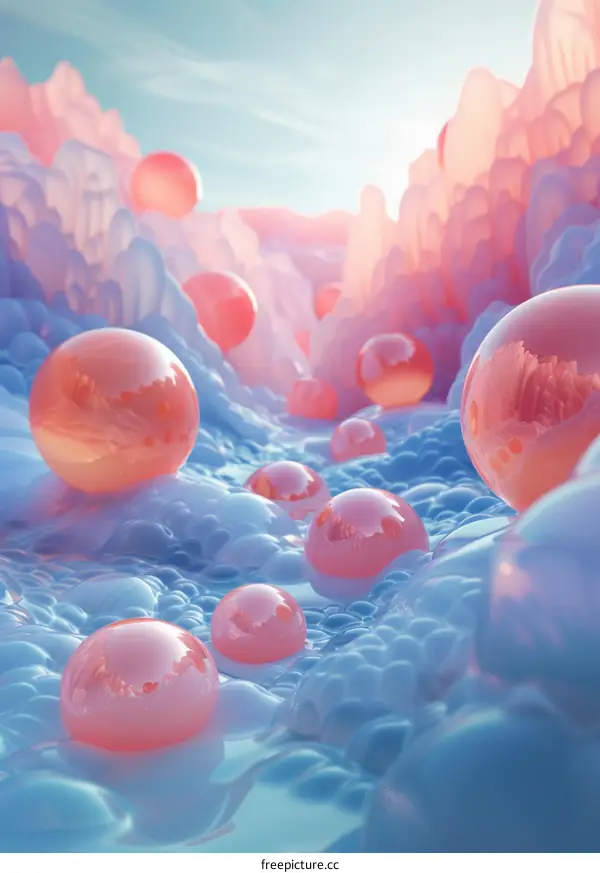 Pink and Blue Landscape with Abstract Spheres