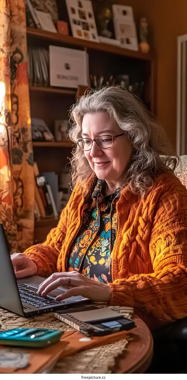 Woman Working on Laptop at Home Office