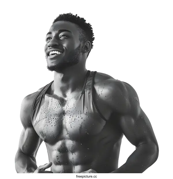 [Transparent Background PNG]Sweaty Black Man Smiling after Workout