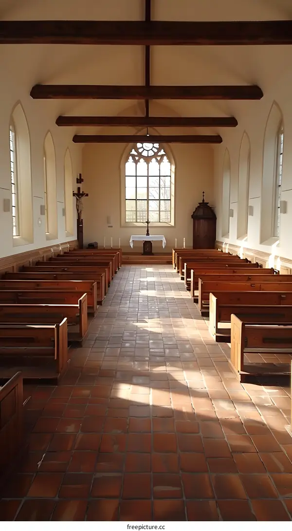 An empty church with wooden benches and a stained glass window