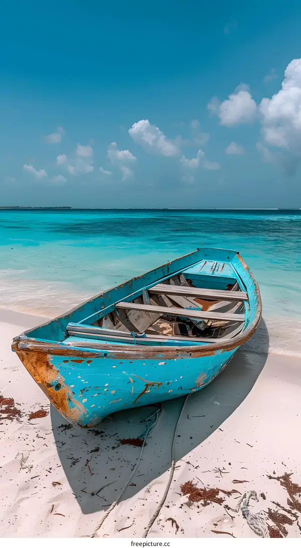An old boat on a beach with white sand and turquoise water in the background