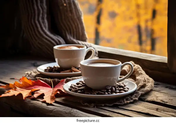 Two cups of coffee on a windowsill with a view of autumn leaves
