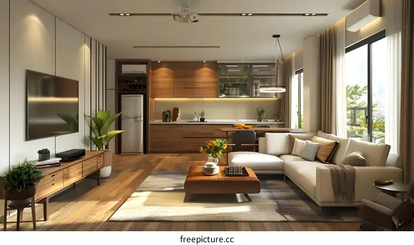 An illustration of a living room with a sofa, coffee table, television and kitchen