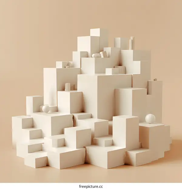Abstract composition of white cubes on beige background