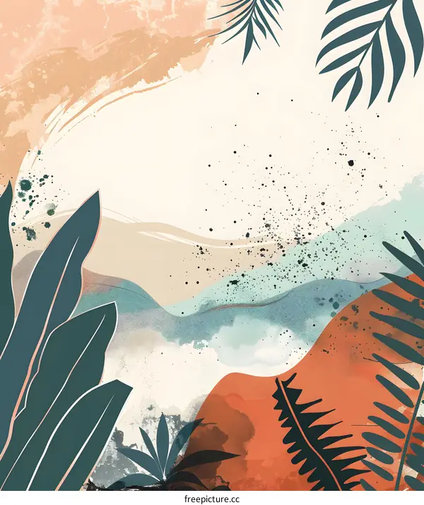 Abstract Watercolor Background with Tropical Leaves