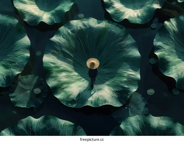 Man in Straw Hat Walking on Lotus Leaves