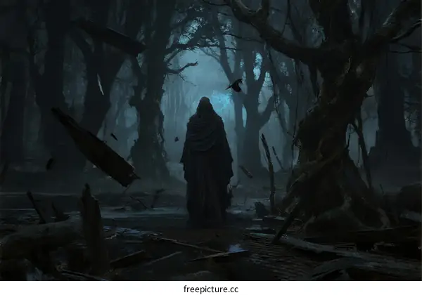 Mysterious hooded figure standing in dark ancient forest