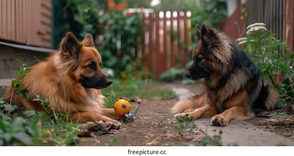 Two dogs staring at a ball