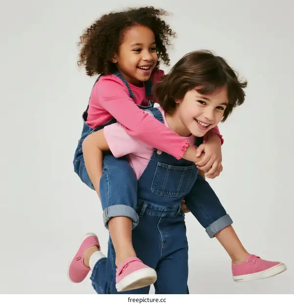 Two happy girls having fun with piggyback ride