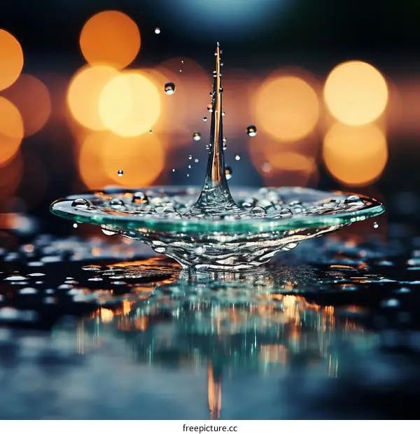Water drop photography with blurred lights in the background