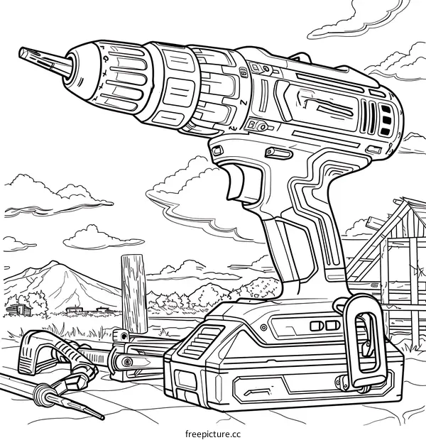 Black and white illustration of a power drill and accessories
