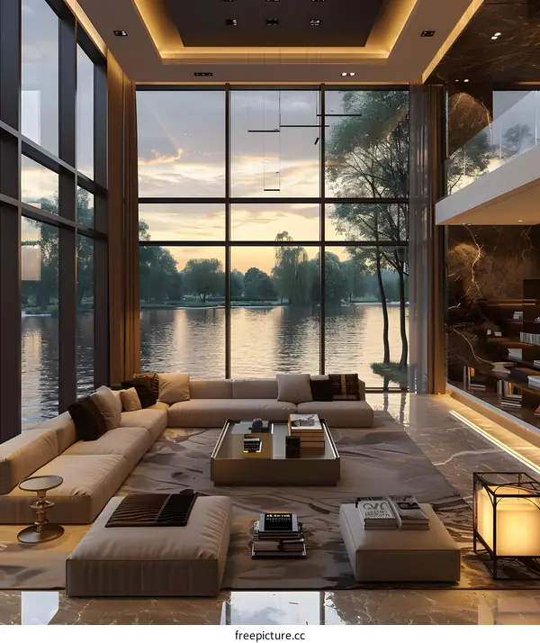 Modern living room with lake view