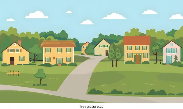 Cartoon Illustration of a Small Town in the Country