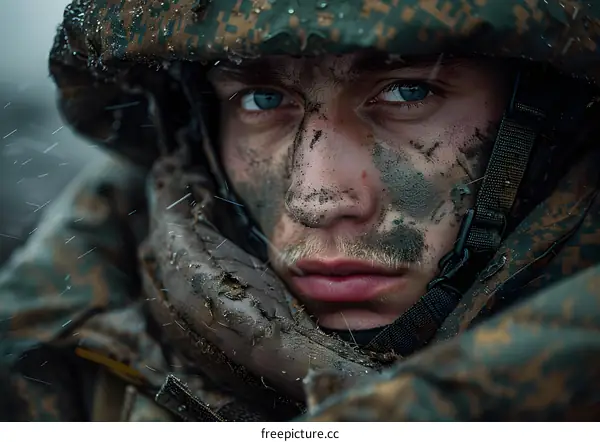 Portrait of a soldier with blue eyes and a mustache, wearing a military helmet and a camouflage uniform, with a serious expression on his face