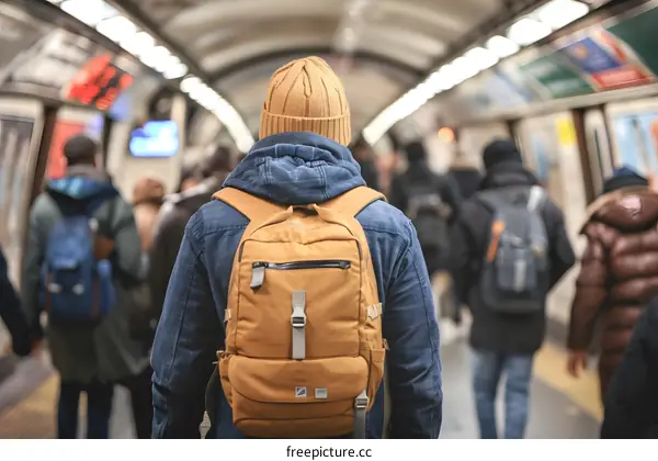 People Walking in Subway Tunnel with Backpacks