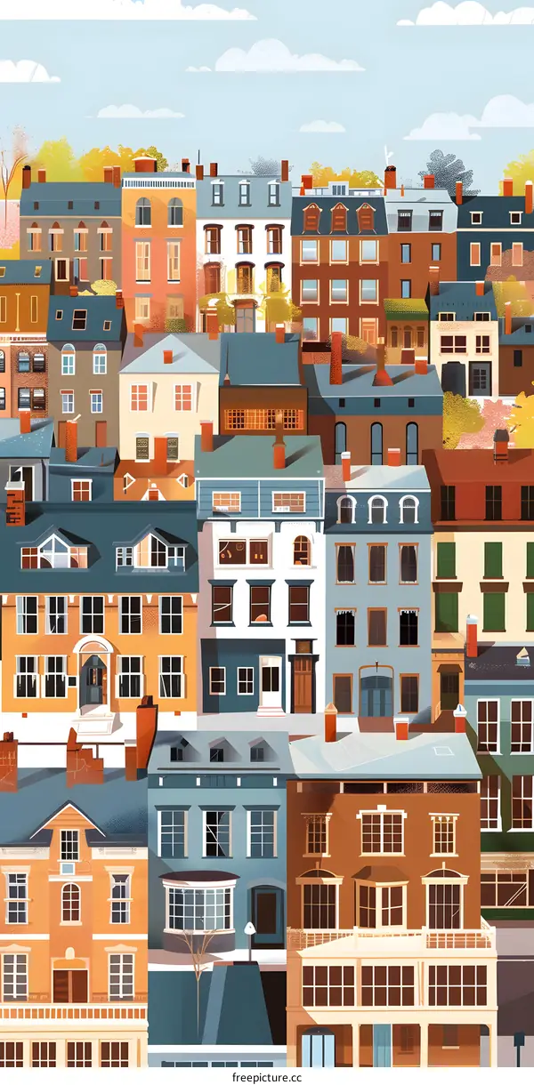 Colorful Row Houses in a Cityscape Illustration