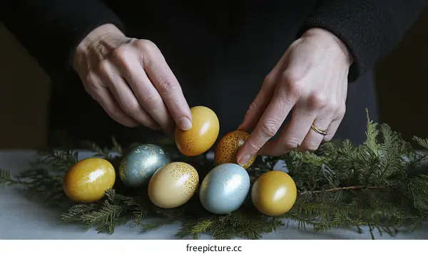 Hands arranging decorated Easter eggs on a wreath