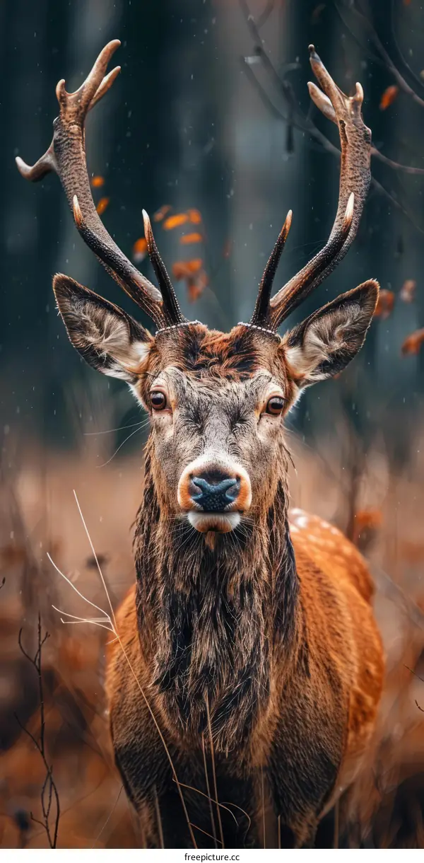A majestic deer stands in the forest, its antlers wet from the rain.