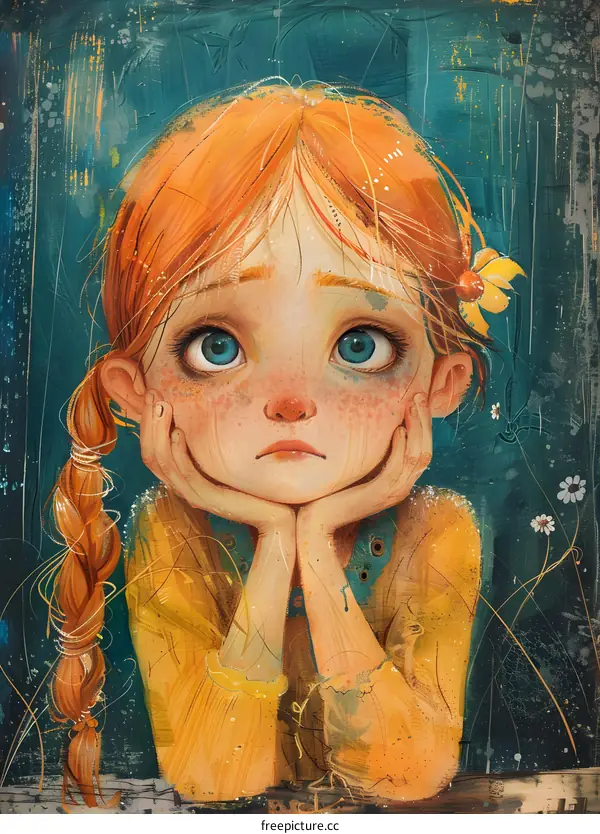 Girl with Red Hair and Blue Eyes Looking Pensively