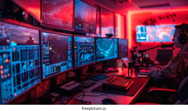Soldier monitors multiple computer screens in a dark room