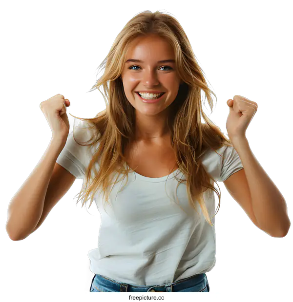 [Transparent Background PNG]Happy Blonde Woman Celebrating with Both Hands in the Air