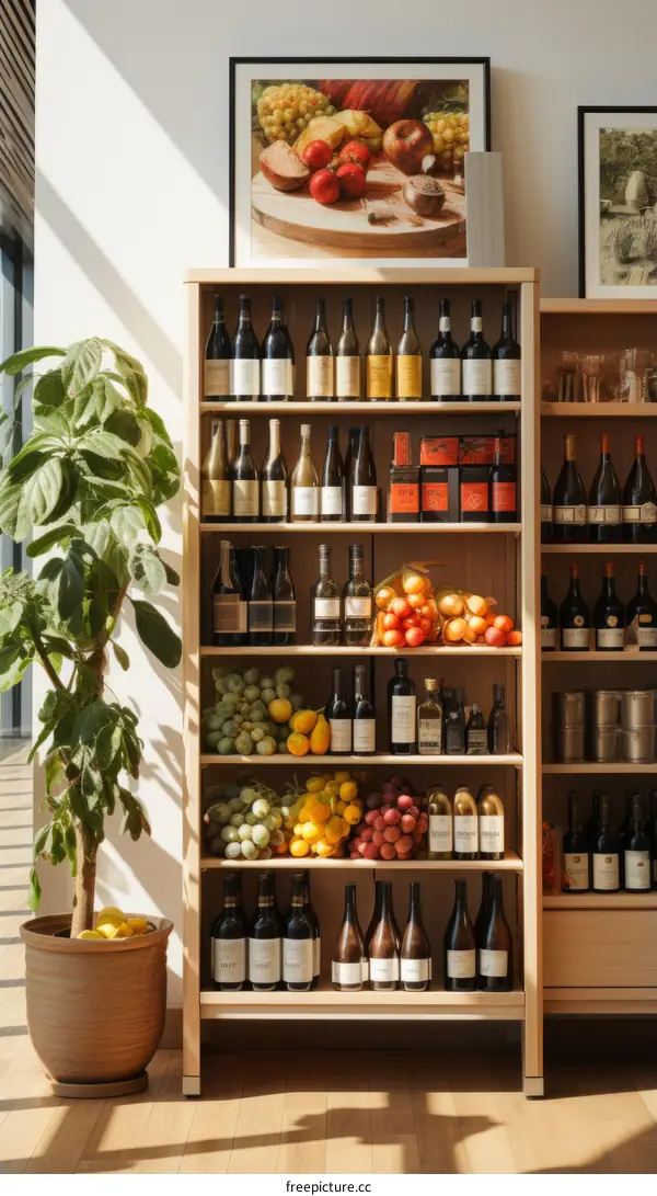 An abundance of wine and fruit in a modern space