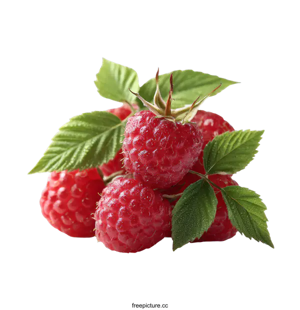 [Transparent Background PNG]Close up of Fresh Raspberries with Leaves