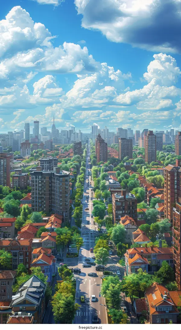 Cityscape with Lush Green Trees and Clear Sky