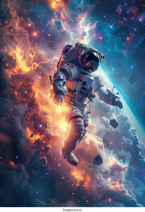 Astronaut's Cosmic Journey: Exploration Through Nebulae