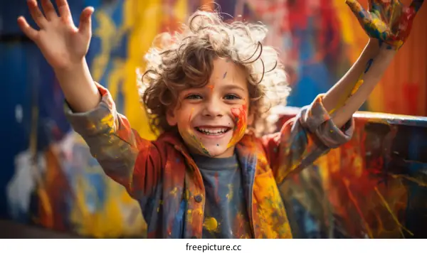 A young boy is covered in paint and smiling