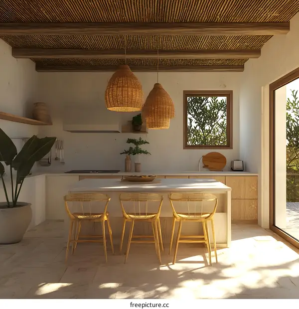 Modern Kitchen Interior Design With Wooden Ceiling And Wicker Pendant Lights