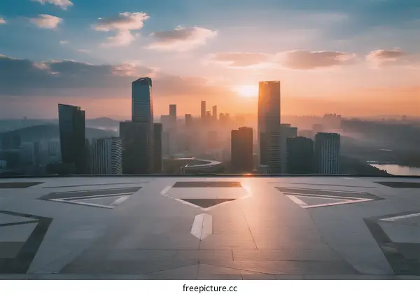 Sunset view of modern city skyline with urban buildings