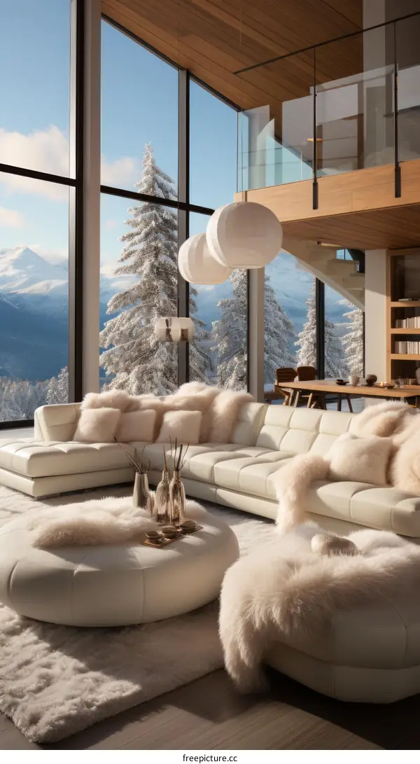 Modern minimalist living room interior design with large windows and white leather furniture