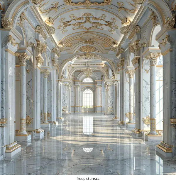 Grand Hallway with Marble Columns and Golden Accents