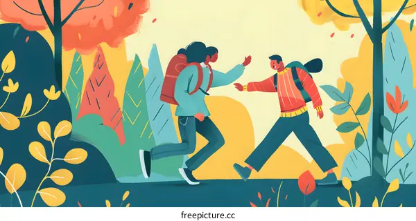 Friends Hiking in Autumn Forest Illustration