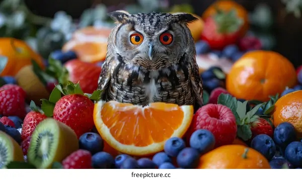 Owl Perched on a Colorful Fruit Display