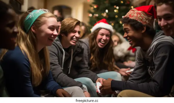 A group of teenagers are sitting around a Christmas tree laughing.