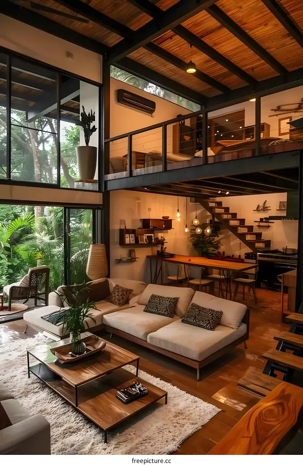 Modern Open Concept Home Interior Design With Wooden Beams And Exposed Brick