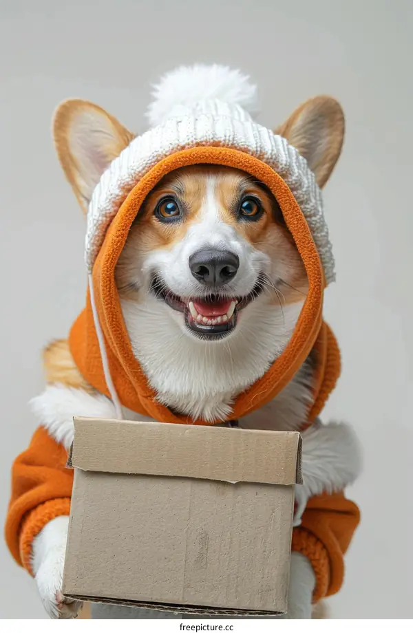 A cute corgi dog wearing a winter hat and holding a box