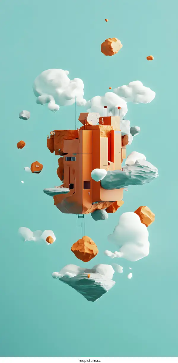 Floating Orange Building in a Sky with White Clouds and Orange Rocks