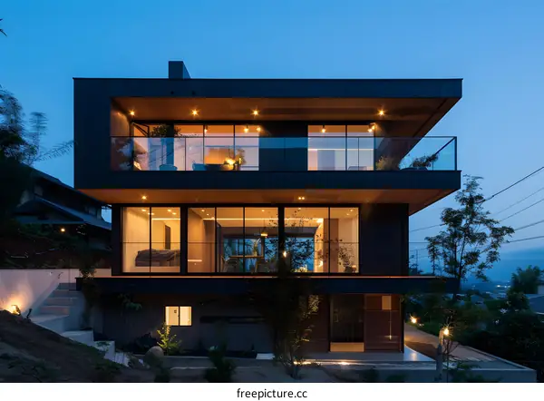 Modern Black House with Large Windows and Balcony