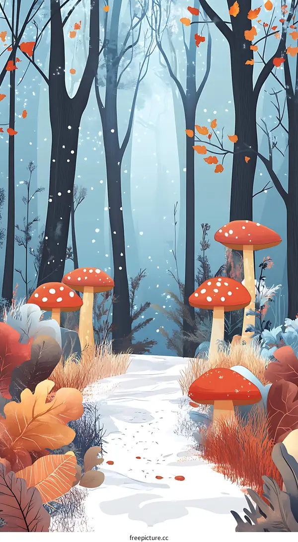 Snowy Winter Forest Path with Red Mushrooms