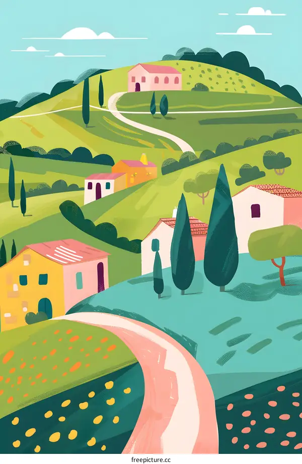 Charming Countryside Landscape with Winding Road and Colorful Houses