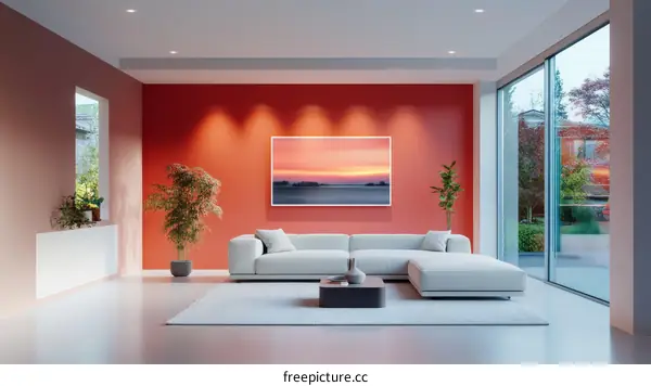 Modern Living Room with Coral Accent Wall