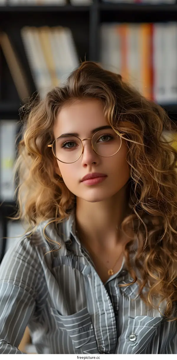 portrait of a beautiful young woman with curly hair wearing glasses in a library