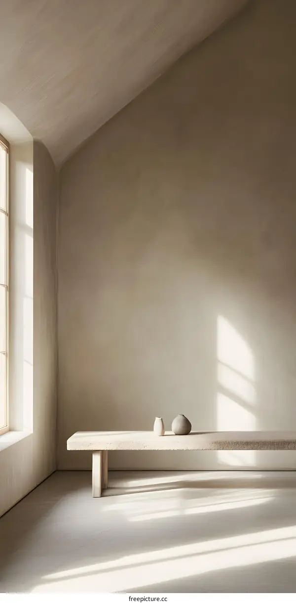 Minimalist Interior Design with Wooden Bench and Sunlight